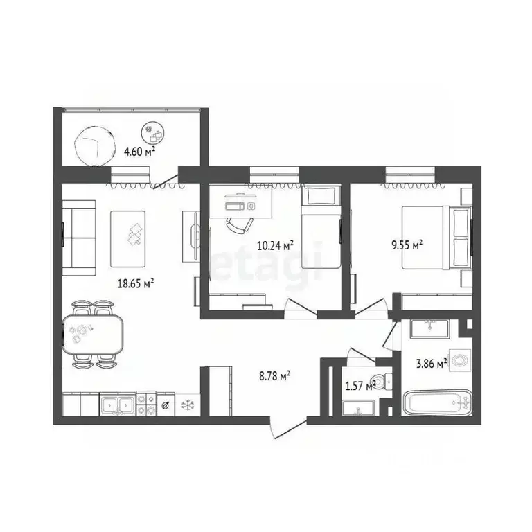 2-к кв. Тюменская область, Тюменский муниципальный округ, д. Патрушева ... - Фото 2