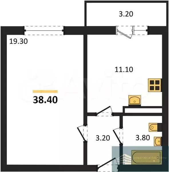 1-к. квартира, 38,4 м, 7/7 эт. - Фото 0