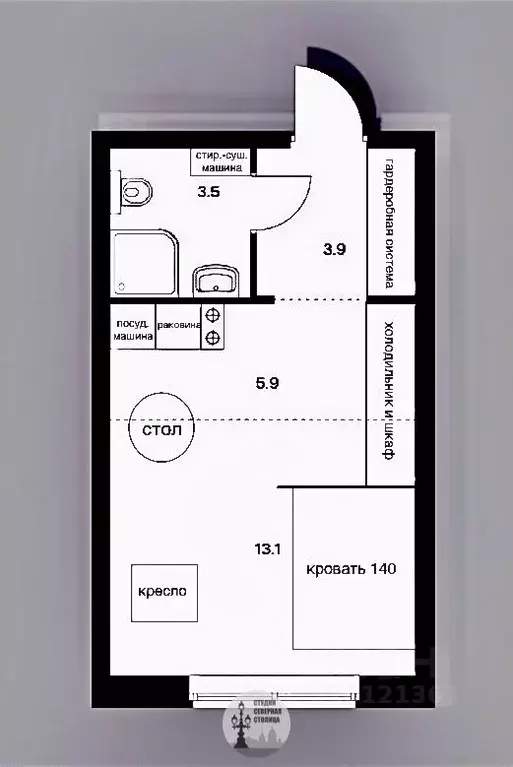 Студия Санкт-Петербург Солдатский пер., 8 (26.4 м) - Фото 1