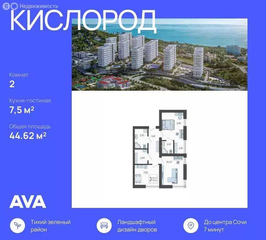 2-комнатная квартира: Сочи, жилой комплекс Кислород, 12 (44.62 м) - Фото 0
