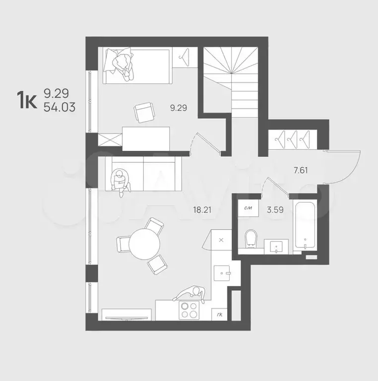 1-к. квартира, 54 м, 4/4 эт. - Фото 1