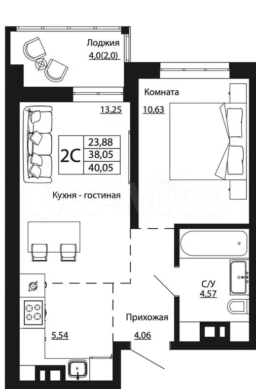 2-к. квартира, 40,7 м, 6/24 эт. - Фото 0