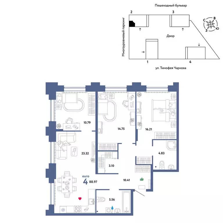 4-комнатная квартира: Тюмень, улица Тимофея Чаркова, 93 (88.97 м) - Фото 0