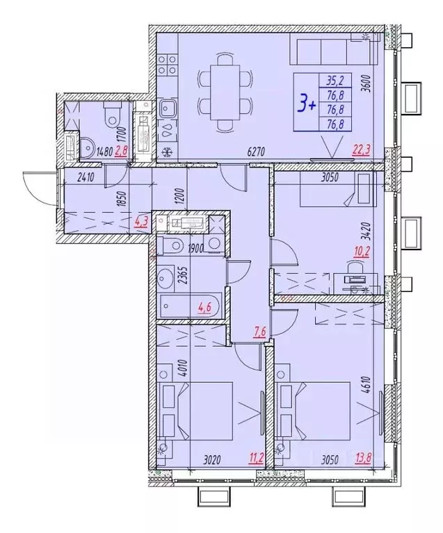 4-к кв. Астраханская область, Астрахань ул. Бэра, 29 (76.8 м) - Фото 1