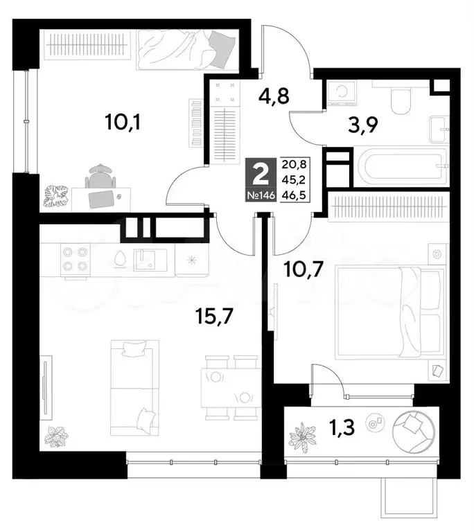 2-к. квартира, 46,5 м, 13/21 эт. - Фото 0