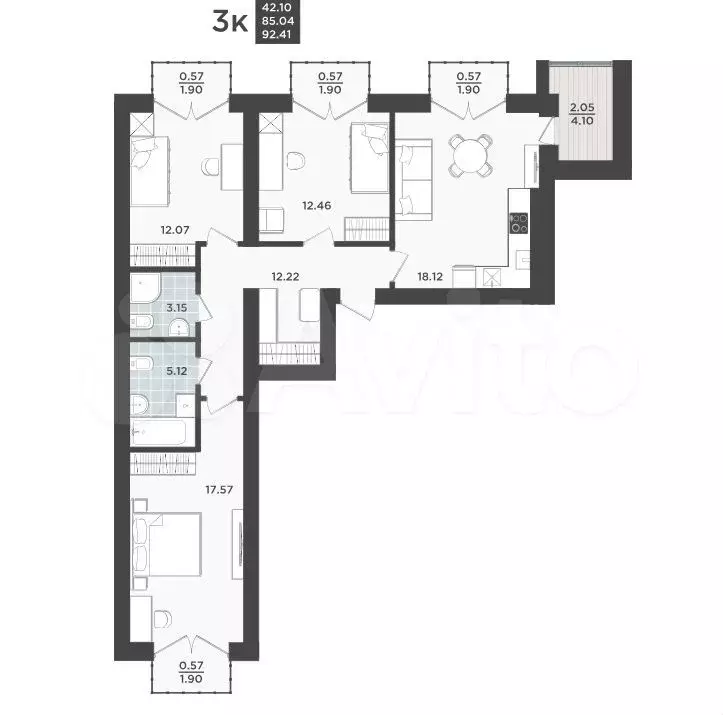3-к. квартира, 92,4 м, 8/9 эт. - Фото 1