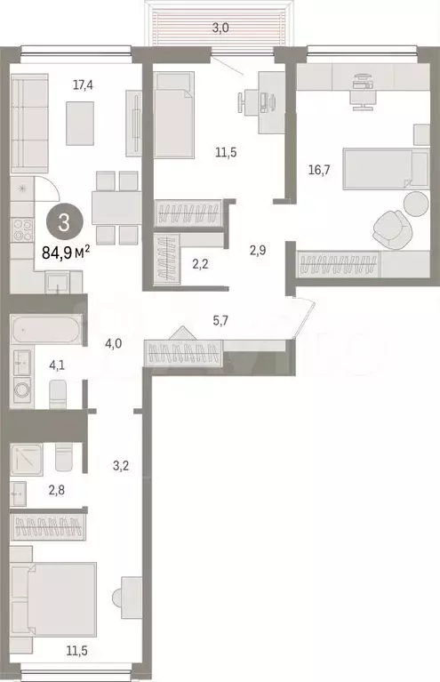 3-к. квартира, 84,9 м, 6/9 эт. - Фото 1