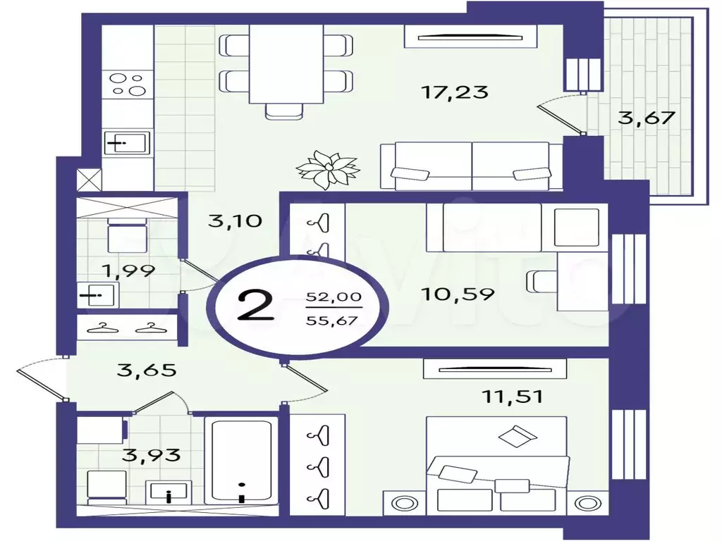 2-к. квартира, 55,7 м, 2/4 эт. - Фото 1