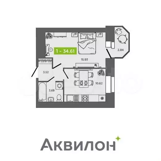 1-к. квартира, 34,6 м, 7/9 эт. - Фото 1