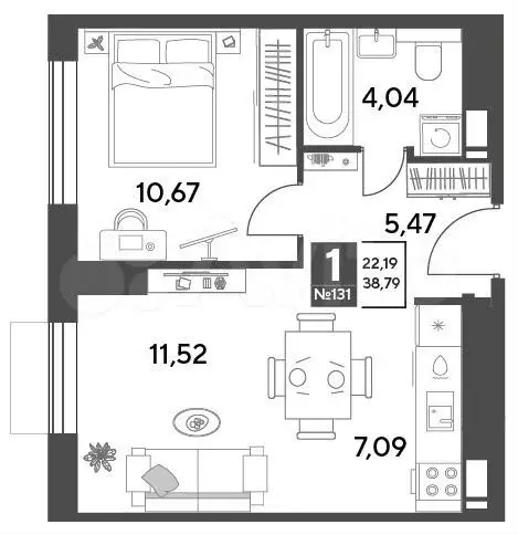 1-к. квартира, 38,8 м, 7/10 эт. - Фото 0