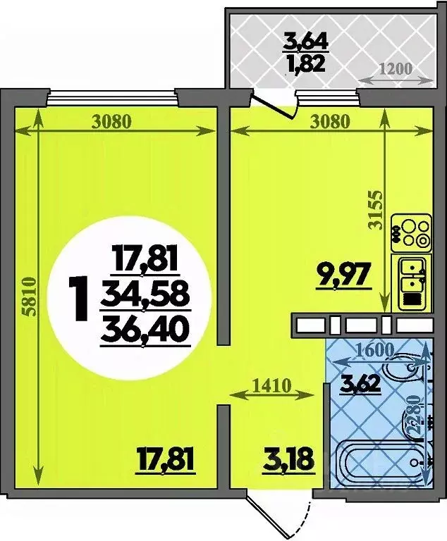 1-к кв. Ростовская область, Ростов-на-Дону ул. Костенко, 12 (36.4 м) - Фото 1