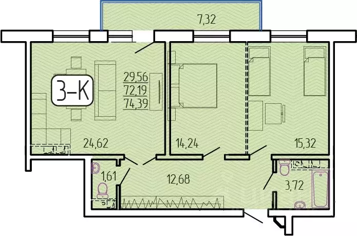 3-к кв. Бурятия, Улан-Удэ 129-й мкр,  (74.39 м) - Фото 1