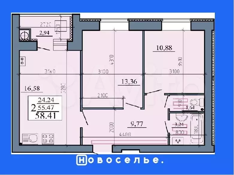 2-к. квартира, 58,4 м, 3/10 эт. - Фото 0