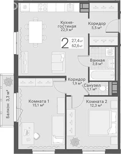 2-комнатная квартира: Санкт-Петербург, Актёрский проезд, 2к1 (62.6 м) - Фото 1
