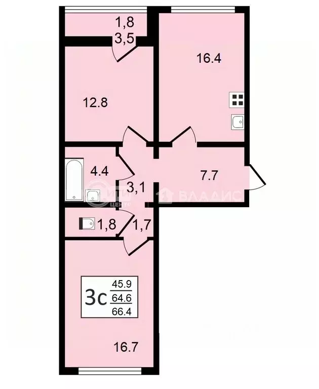 3-к кв. Воронежская область, Воронеж ул. Шишкова, 140Б/6 (66.4 м) - Фото 0