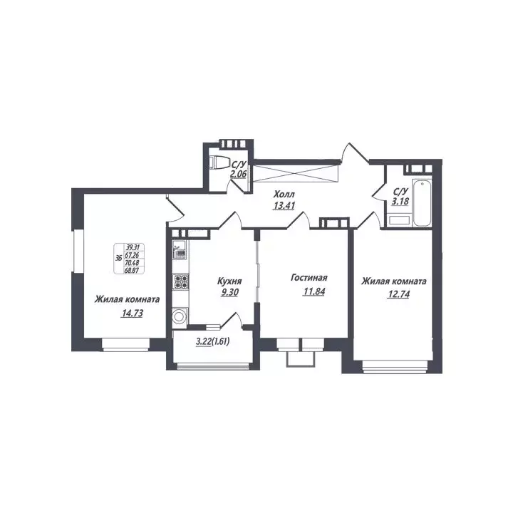 3-комнатная квартира: Ессентуки, Октябрьская улица, 8 (68.87 м) - Фото 1