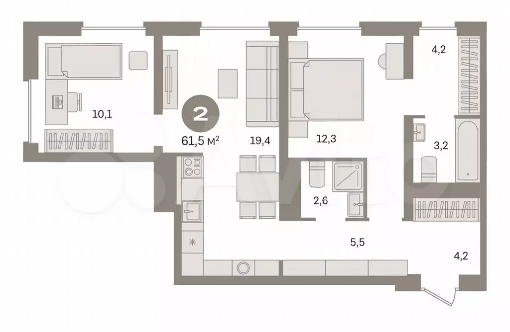 2-к. квартира, 61,5 м, 2/8 эт. - Фото 0