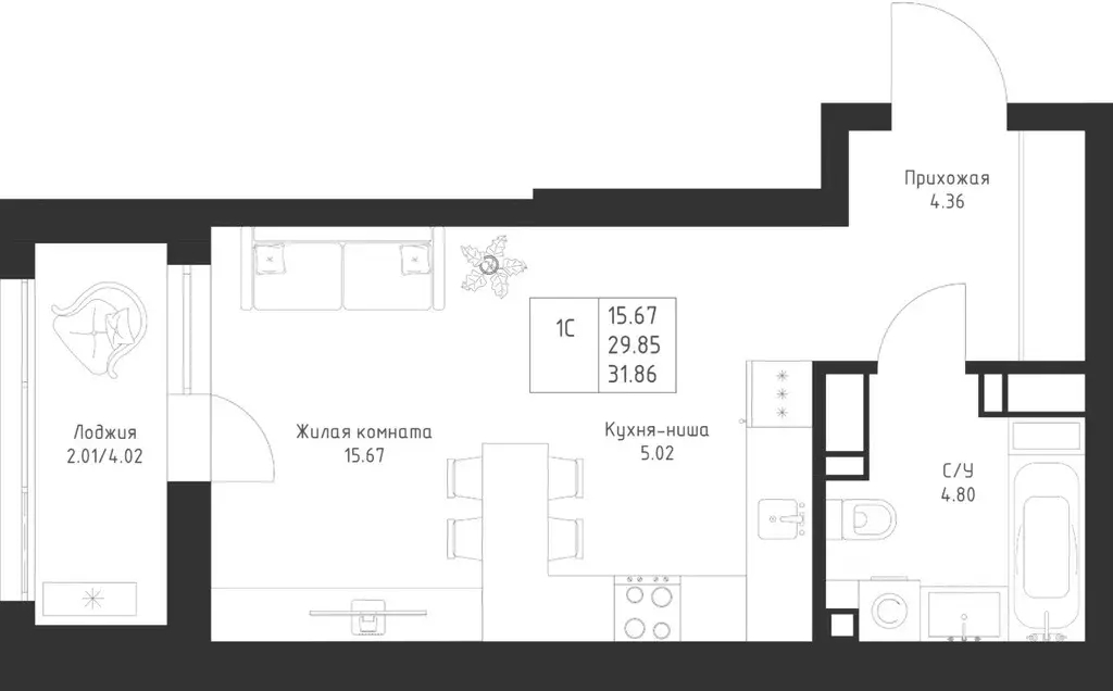 Студия Татарстан, Казань Седьмое Небо жилрайон,  (31.86 м) - Фото 1