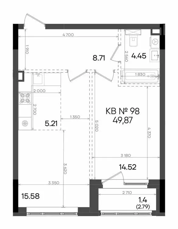 2-комнатная квартира: Казань, улица Аделя Кутуя, 181Ж (49.87 м) - Фото 0