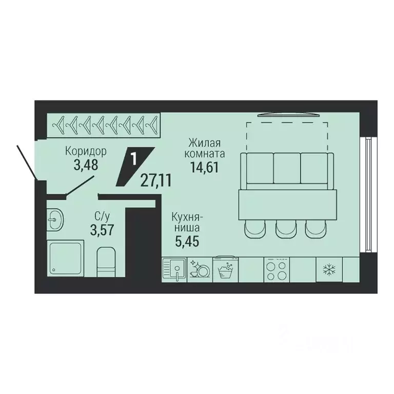 1-к кв. Свердловская область, Екатеринбург пер. Ученический, 4 (27.19 ... - Фото 1