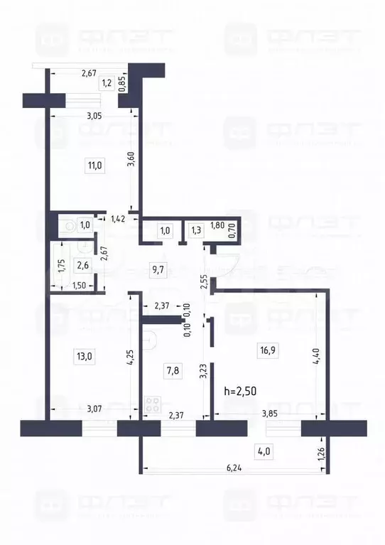 3-к. квартира, 65,1 м, 5/9 эт. - Фото 0