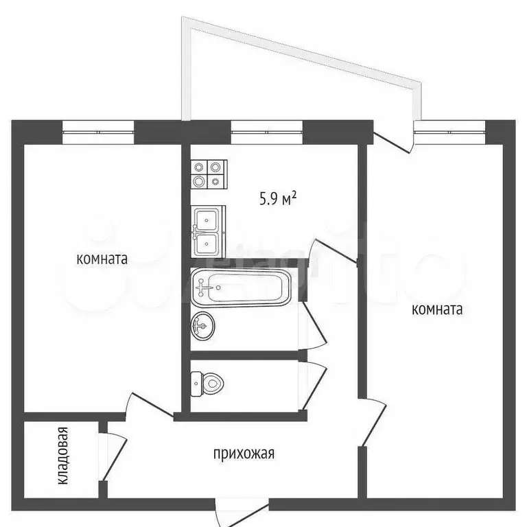 2-к. квартира, 44,6 м, 5/5 эт. - Фото 0