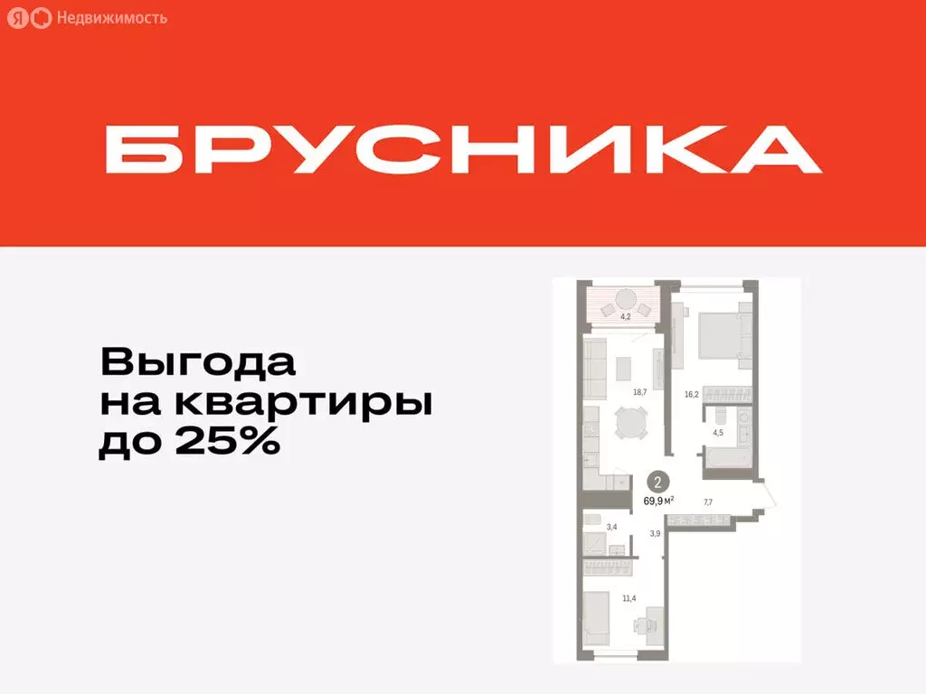 2-комнатная квартира: Тюмень, ЖК Дом у Озера (69.87 м) - Фото 0