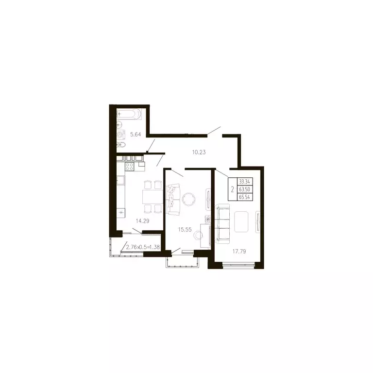 2-к квартира, 65.54 м - Фото 0