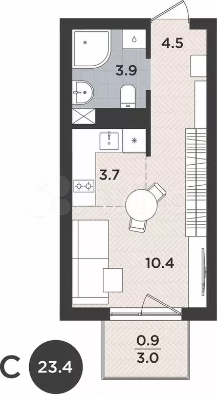 1-к. квартира, 23,4 м, 2/9 эт. - Фото 1
