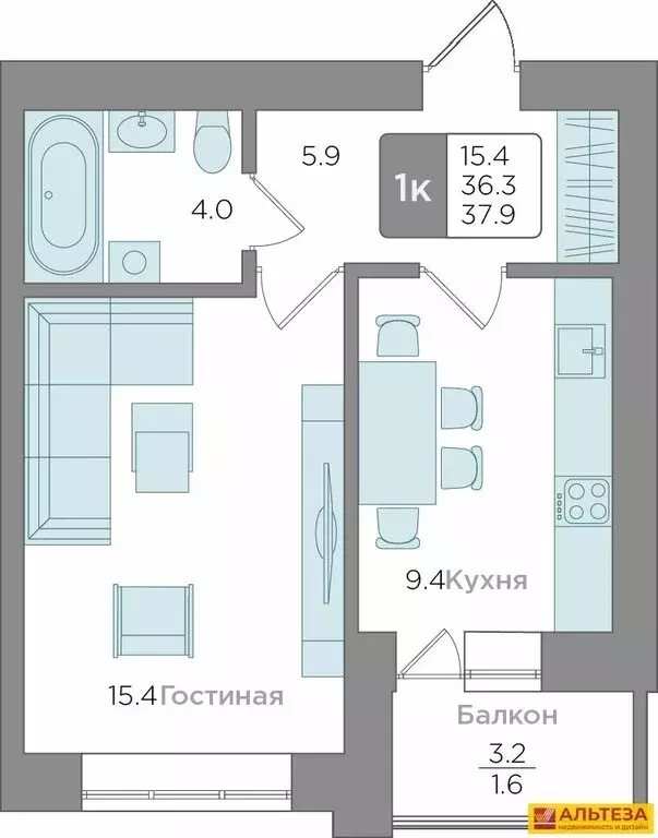 1-комнатная квартира: Калининград, Новгородская улица, 3Ак6 (36.3 м) - Фото 0