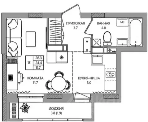 Студия Пермский край, д. Кондратово ул. Водопроводная, 5 (26.3 м) - Фото 1