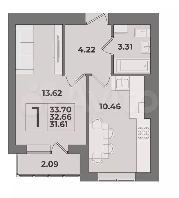 1-к. квартира, 33,7 м, 3/9 эт. - Фото 1