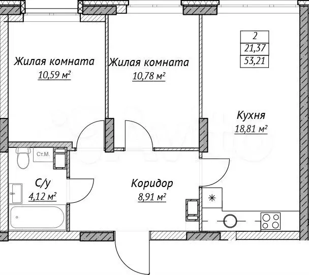 2-к. квартира, 53,2 м, 7/14 эт. - Фото 0