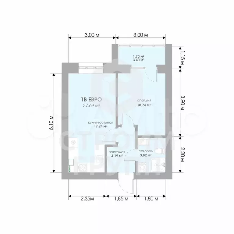 1-к. квартира, 37,7 м, 1/3 эт. - Фото 1