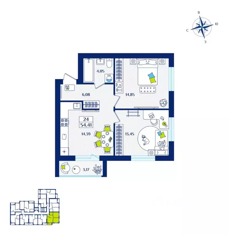 2-к кв. Калининградская область, Зеленоградск  (54.41 м) - Фото 0