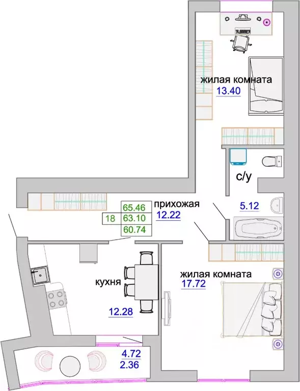 2-к кв. Калининградская область, Зеленоградск ул. Тургенева, 16А (63.7 ... - Фото 0