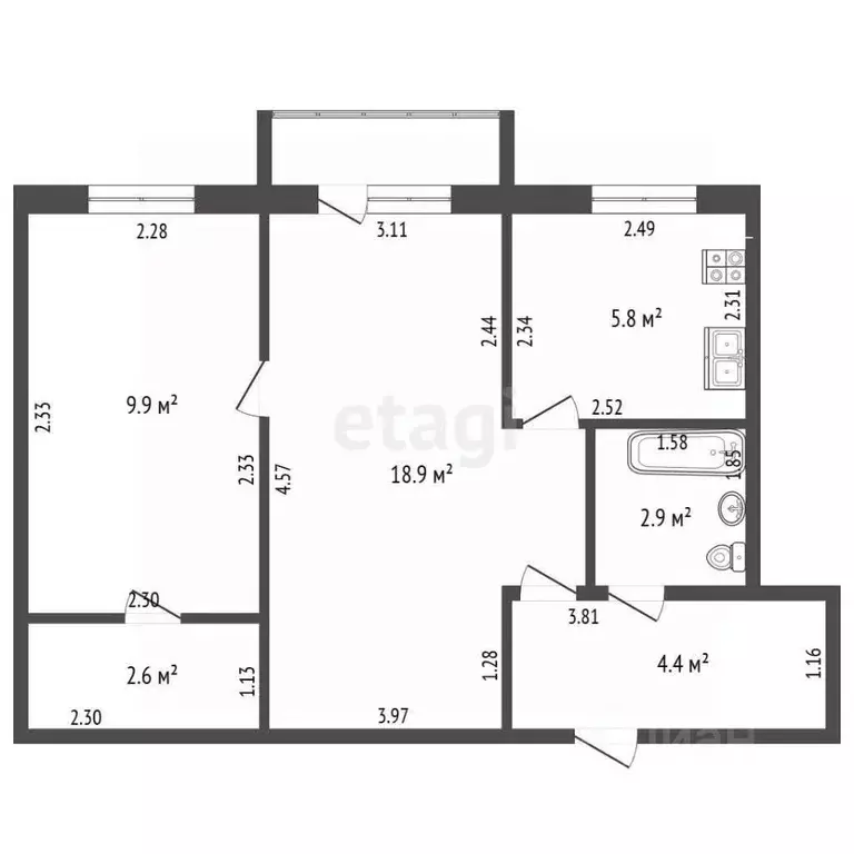 2-к кв. Башкортостан, Стерлитамак ул. Худайбердина, 130 (44.5 м) - Фото 2