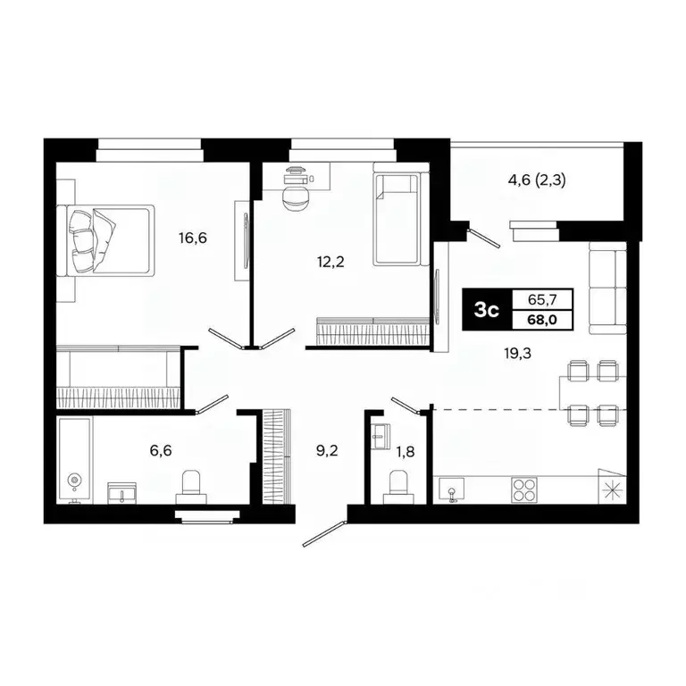 3-к кв. Новосибирская область, Кольцово рп, 5-й мкр  (68.0 м) - Фото 1