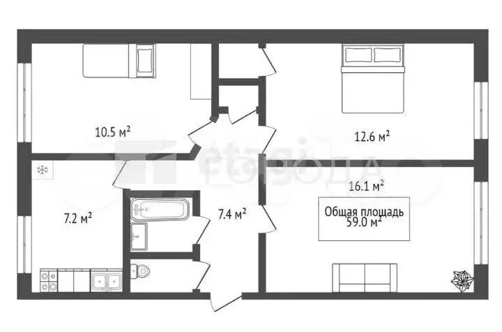 3-к. квартира, 59 м, 1/5 эт. - Фото 1