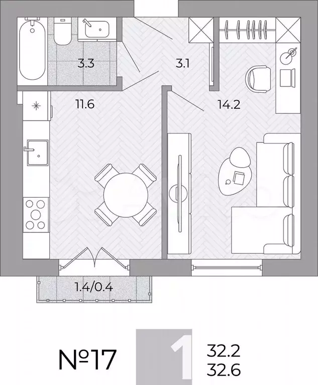 1-к. квартира, 32,6 м, 3/4 эт. - Фото 0