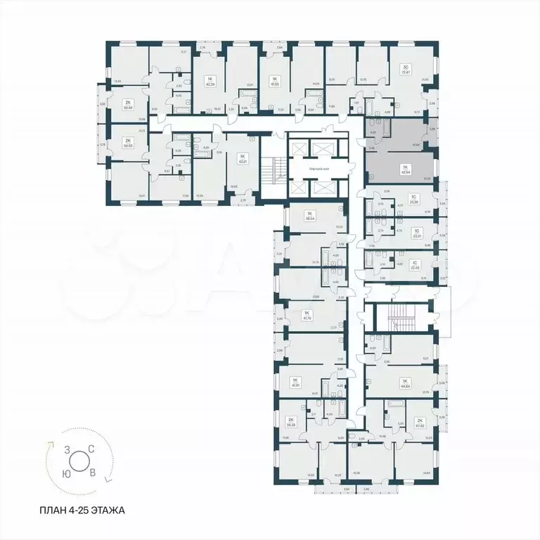1-к. квартира, 42,6 м, 18/25 эт. - Фото 1
