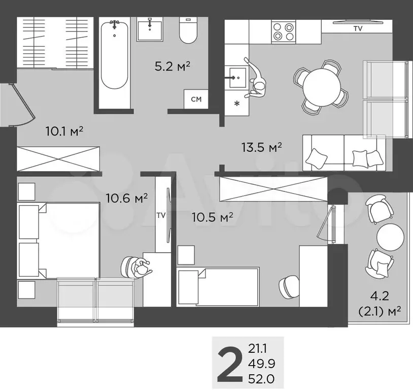 2-к. квартира, 52 м, 4/4 эт. - Фото 1