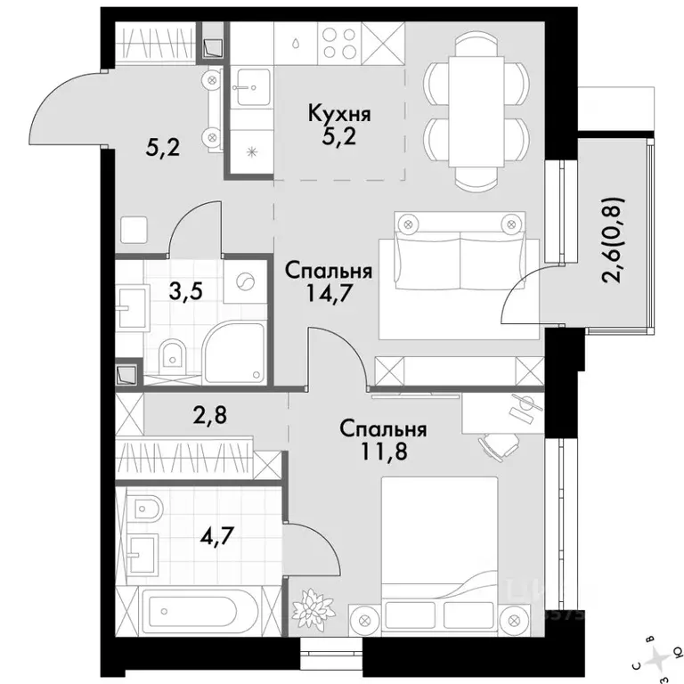 2-к кв. Приморский край, Владивосток Флагман жилой комплекс (48.7 м) - Фото 2