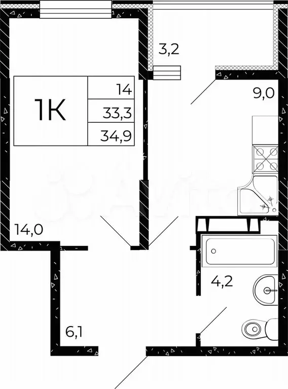 1-к. квартира, 34,9 м, 13/15 эт. - Фото 1