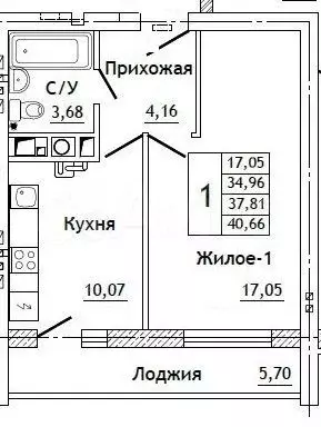 1-к. квартира, 40,7 м, 7/10 эт. - Фото 0