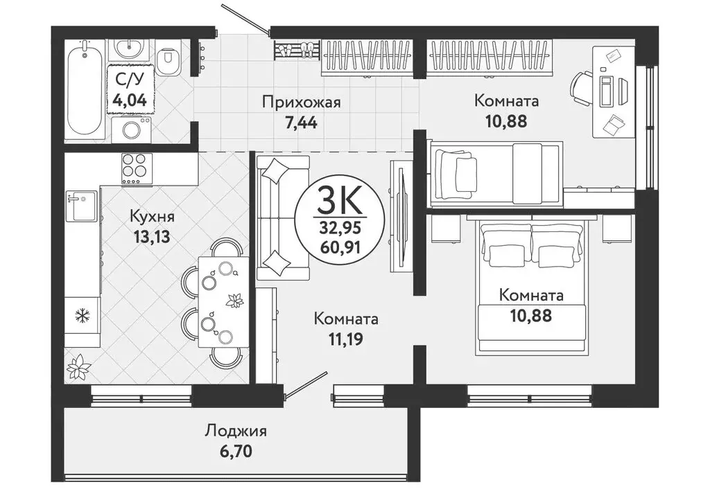 3-комнатная квартира: Новосибирск, жилой комплекс Одоевский, 4 (60.91 ... - Фото 0