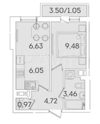 1-к. квартира, 32 м, 6/9 эт. - Фото 0