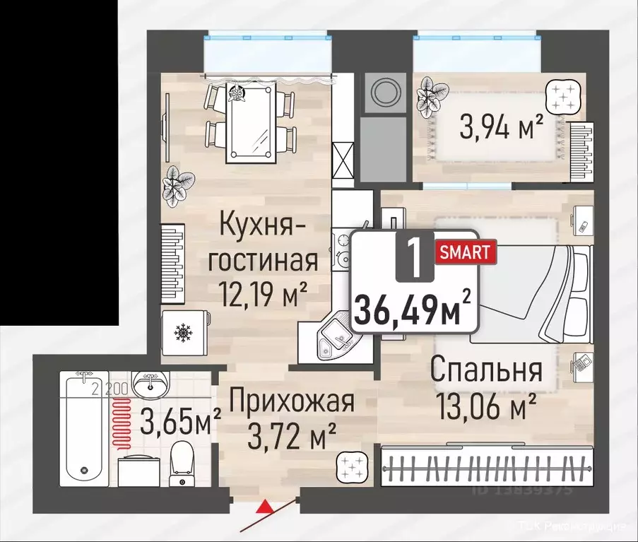 1-к кв. Рязанская область, Рыбное Мега жилой квартал,  (36.49 м) - Фото 0