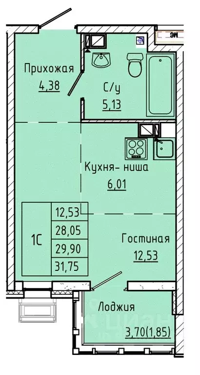 Студия Ростовская область, Ростов-на-Дону ул. Текучева, 370/3 (29.82 ... - Фото 0