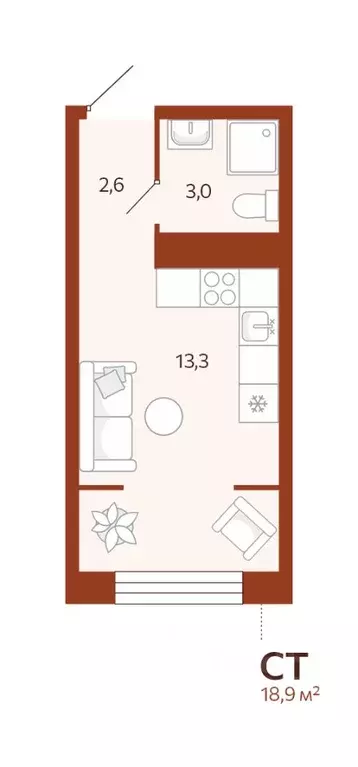 Студия Тюменская область, Тюмень ул. Новаторов, 30 (18.87 м) - Фото 0